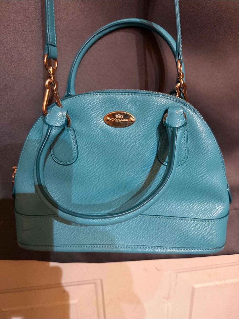 Coach Teal Pebble Leather Dome Satchel with Gold Hardware